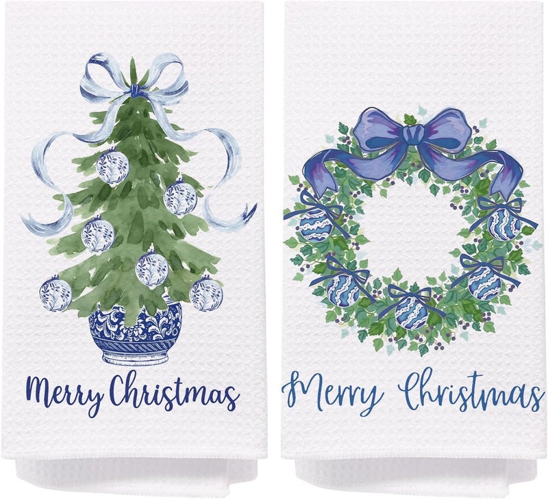 SPBL&L Chinoiserie Christmas Kitchen Towels,Set of 2 Blue Bow Coquette Christmas Tree Dish Towels for Kitchen Bathroom, Blue Christmas Hand Towels for Bathroom Kitchen, Grandmillennial Decor,16x24 Inches - Image 1
